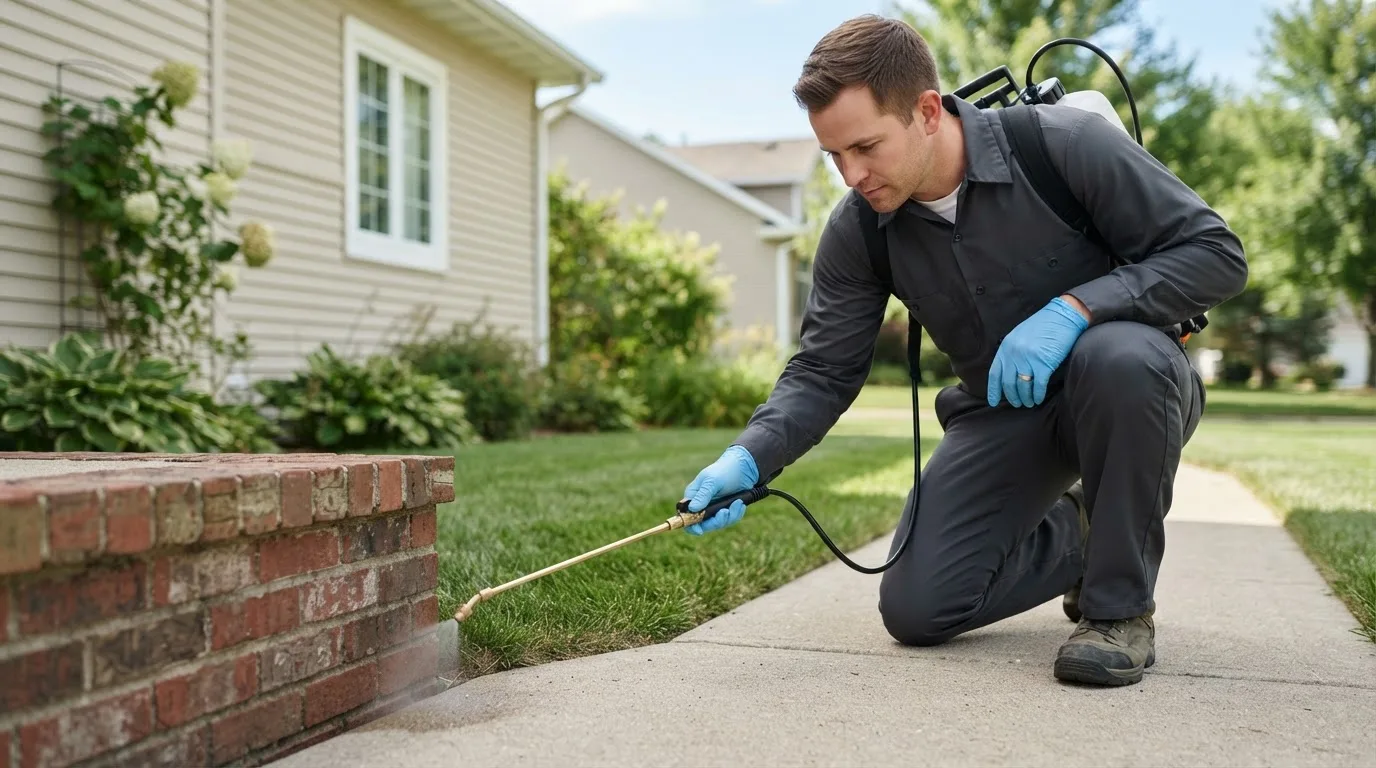 Pest control technician treating a home near Pisek, ND