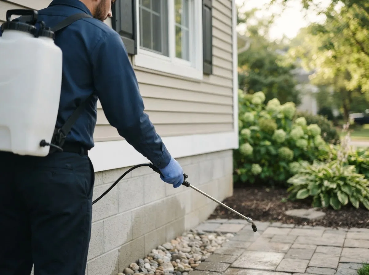 Pest control technician inspecting a home in Pisek, ND